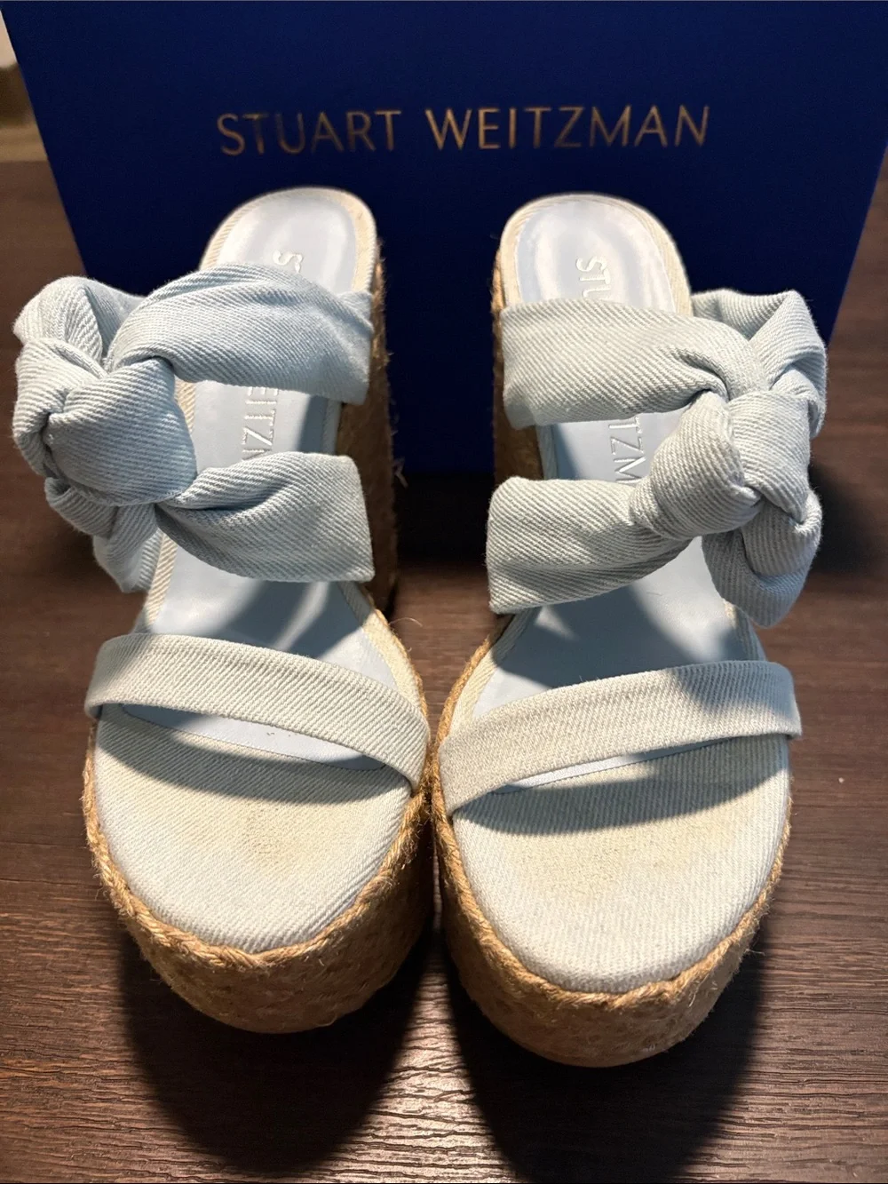 Stuart Weitzman Powder Blue Knotted Espadrille Platform Sandal